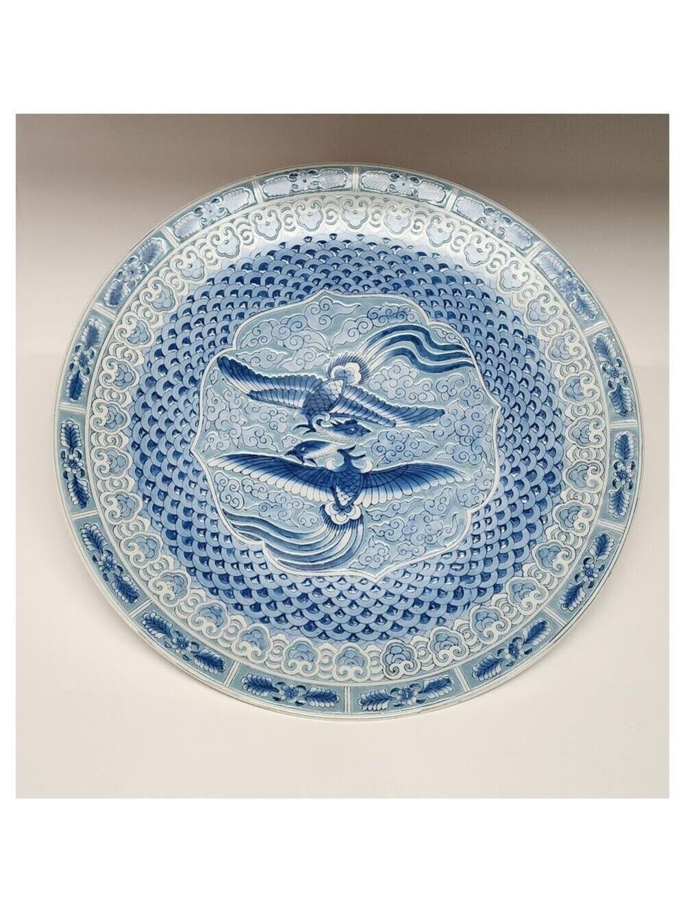 Oriental Accent Blue & White Flying Crane Wave Pattern 16" Large Decor Platter